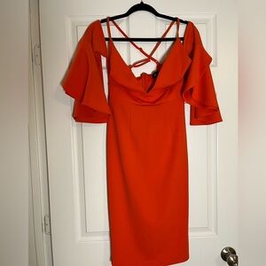 Red orange cocktail dress with flare elbow sleeve